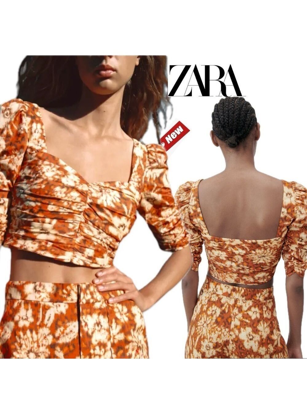 Zara Printed Drape Crop Top Square Neck Orange Floral tropical puff sleeve